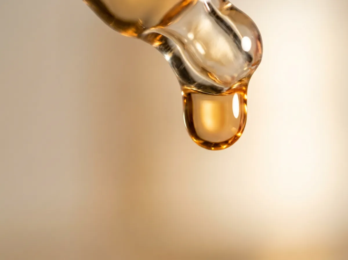 Une goutte d'huile dorée suspendue à une pipette en verre