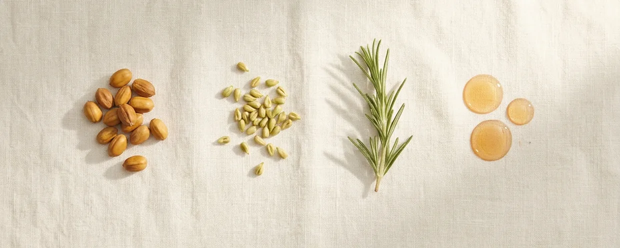 Graines de jojoba, pépins de raisin, brin de romarin et gouttes d'huile dorée sur un lin ivoire